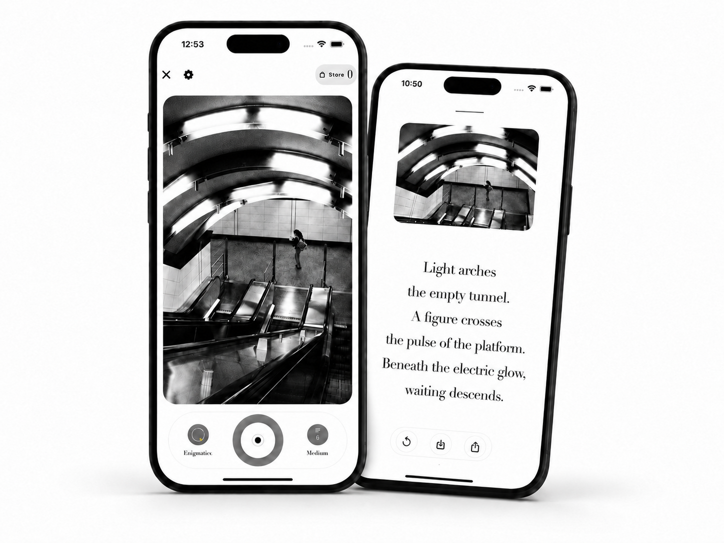 Camera Poetica app screens showing the poem creation flow