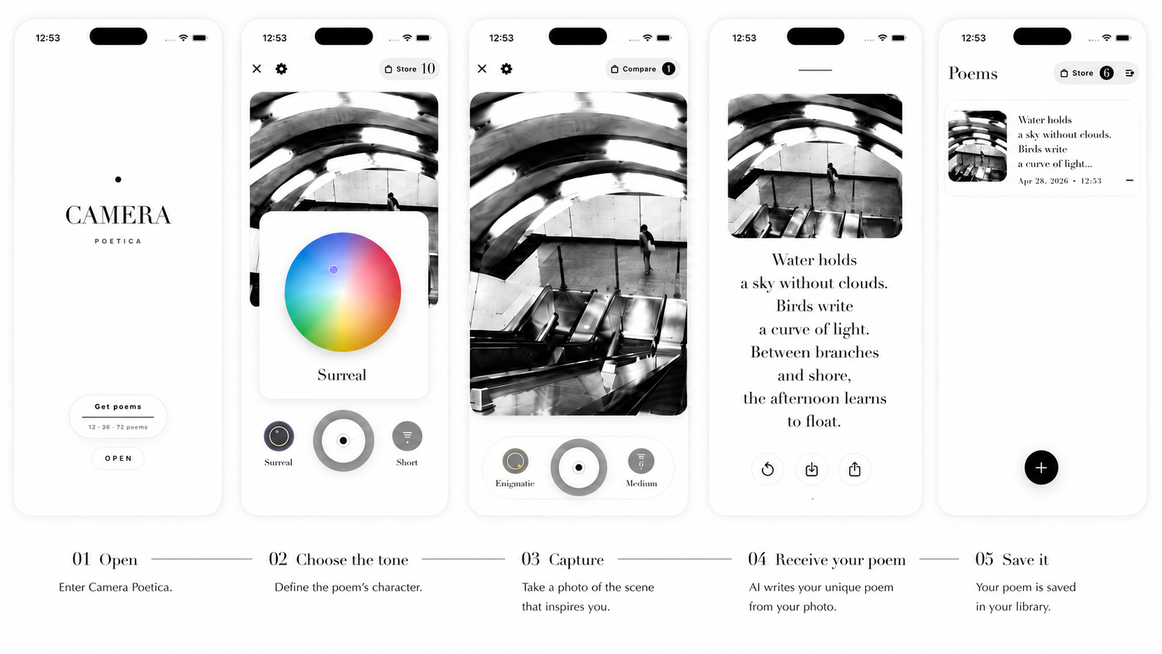 5 steps: Open, Get poems, Capture, Receive your poem, Save it